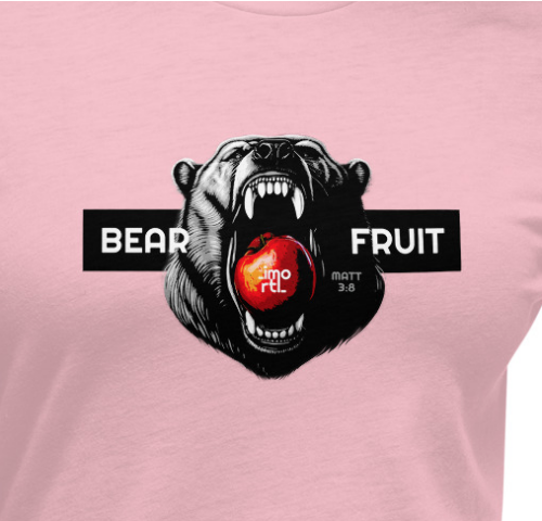 christian bear fruit design t-shirt pink close up