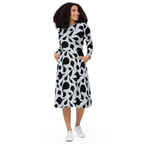 all over print long sleeve midi dress white front 6385df7a43f33