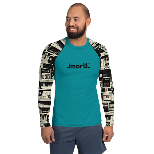 mens retro rash guard turquoise patterned sleeves front