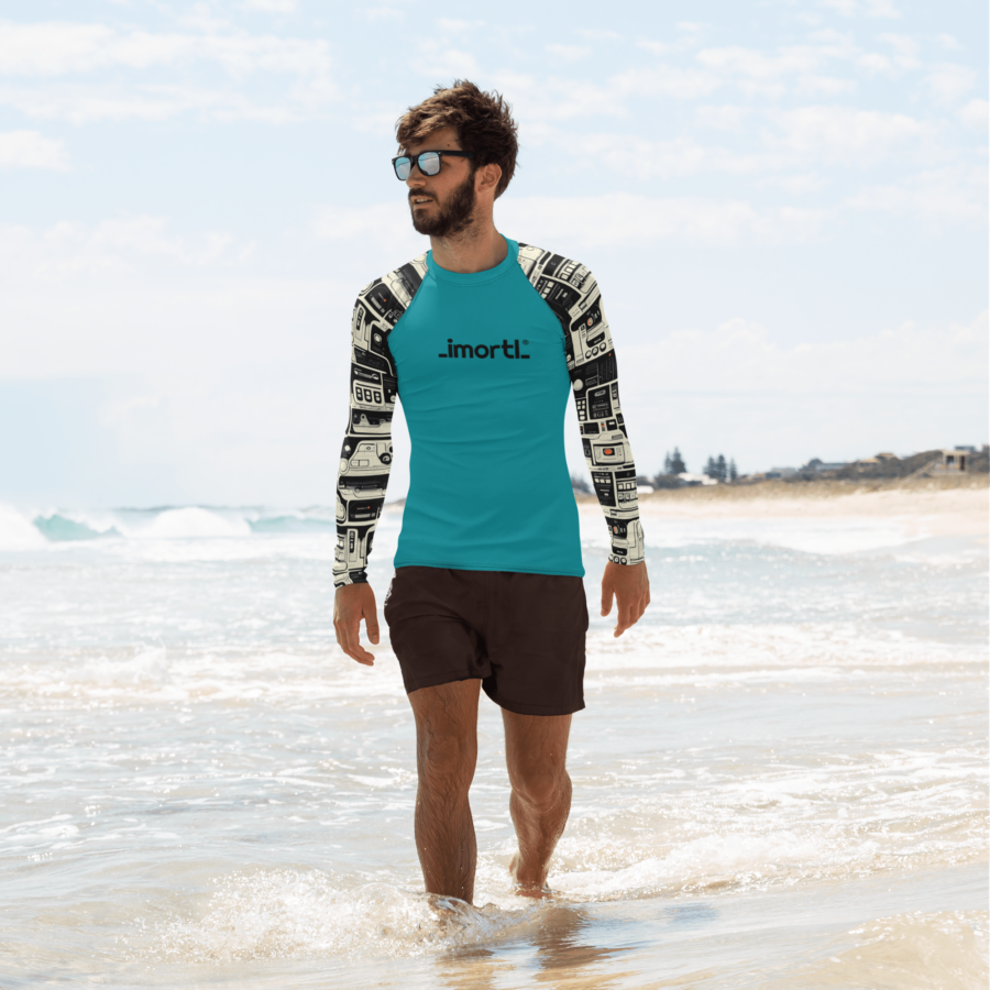 mens retro rash guard turquoise patterned sleeves front