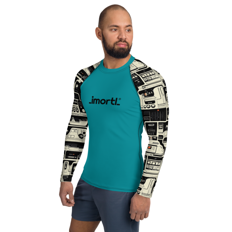 mens retro rash guard turquoise patterned sleeves right front