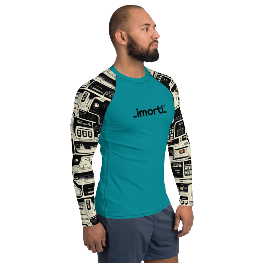 mens retro rash guard turquoise patterned sleeves left front