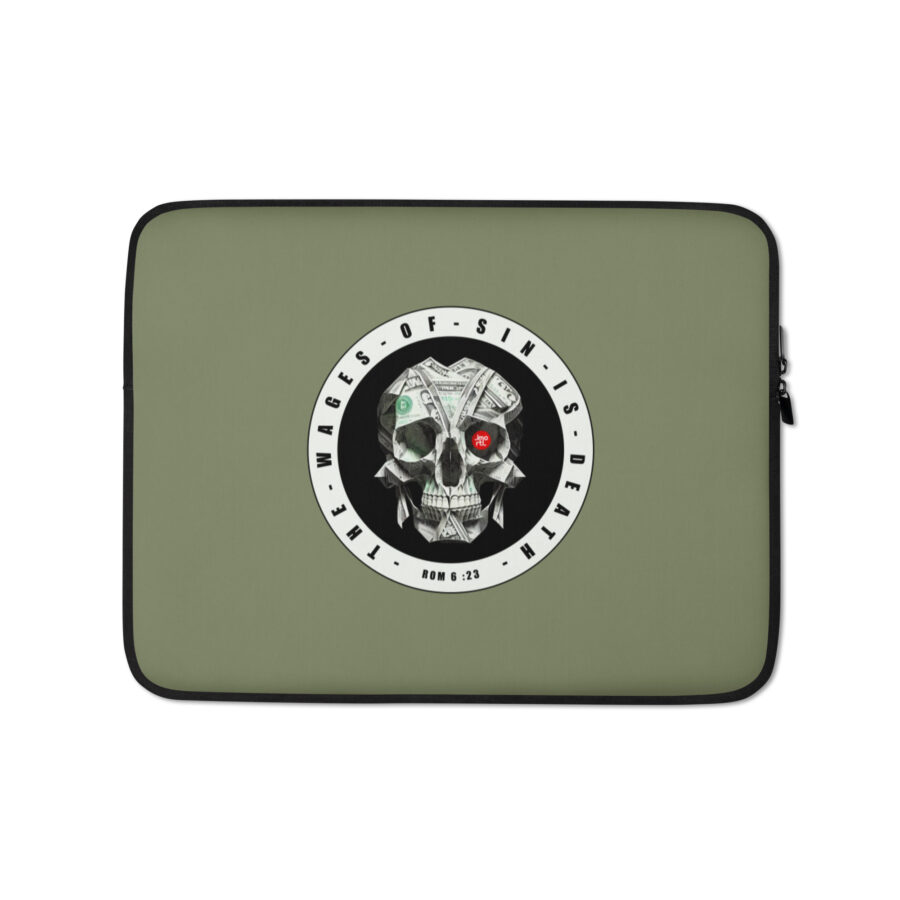 army green laptop sleeve 13 front christian death is the wages of sin design