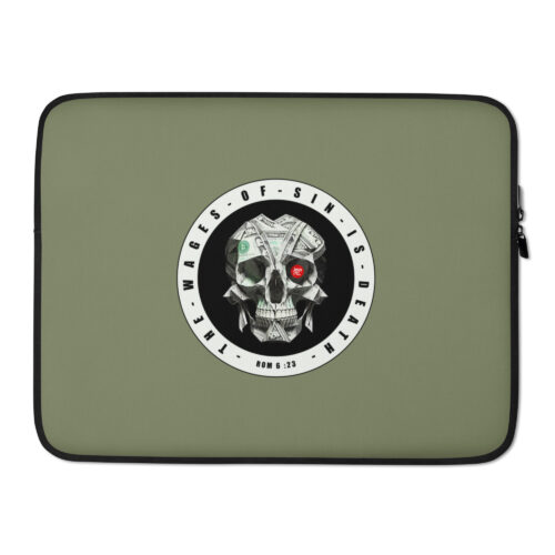 army green laptop sleeve 15 front christian death is the wages of sin design