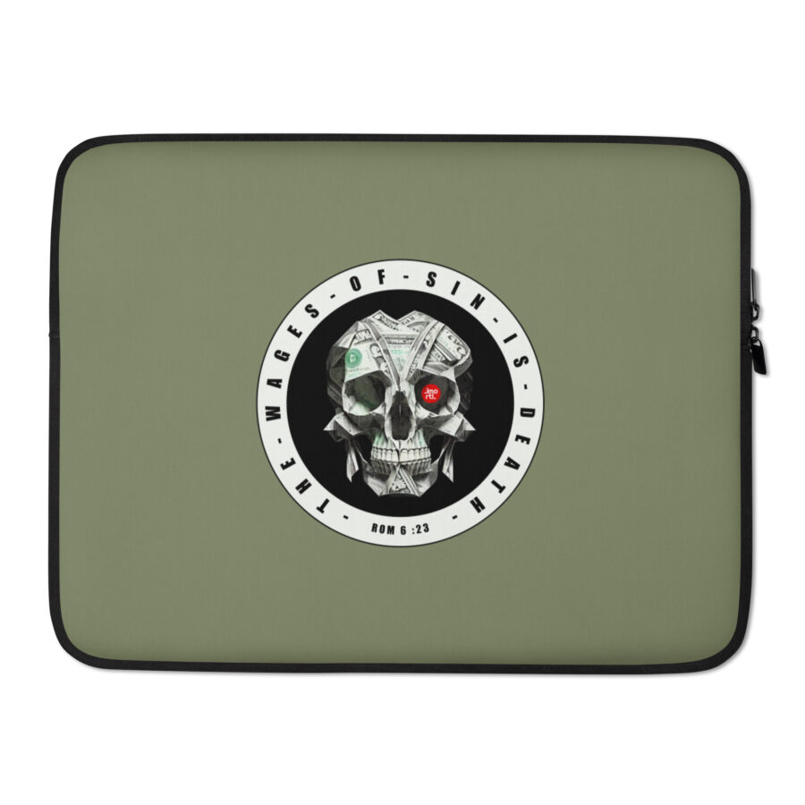 army green laptop sleeve 15 front christian death is the wages of sin design