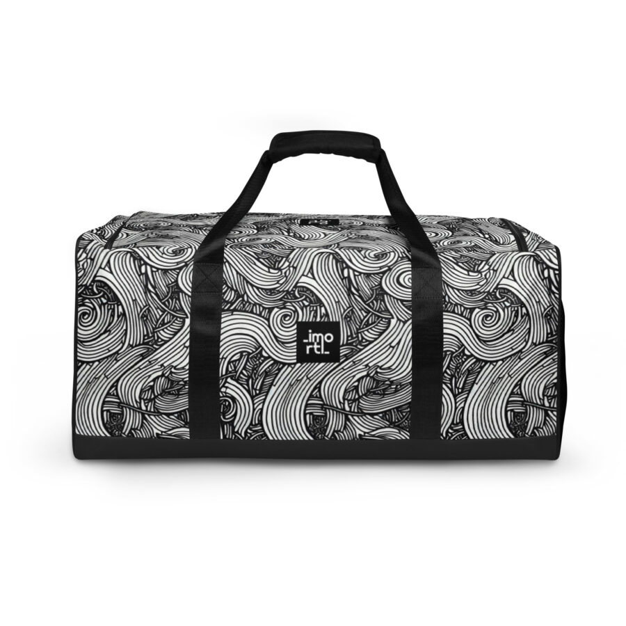 grey duffle bag overnight black and white linear back