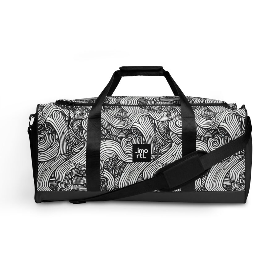 grey duffle bag overnight black and white linear front