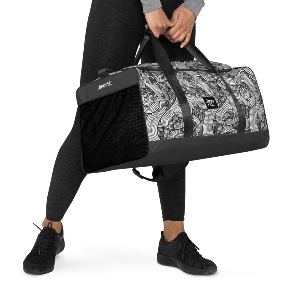 grey duffle bag overnight black and white linear right front
