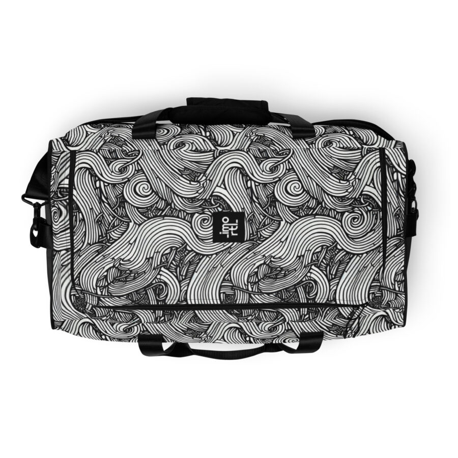 grey duffle bag overnight black and white linear top