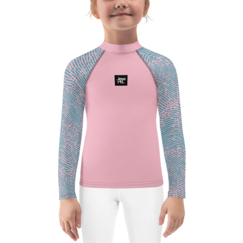 kids rash guard pink with turquoise fingerprint pattern sleeves front