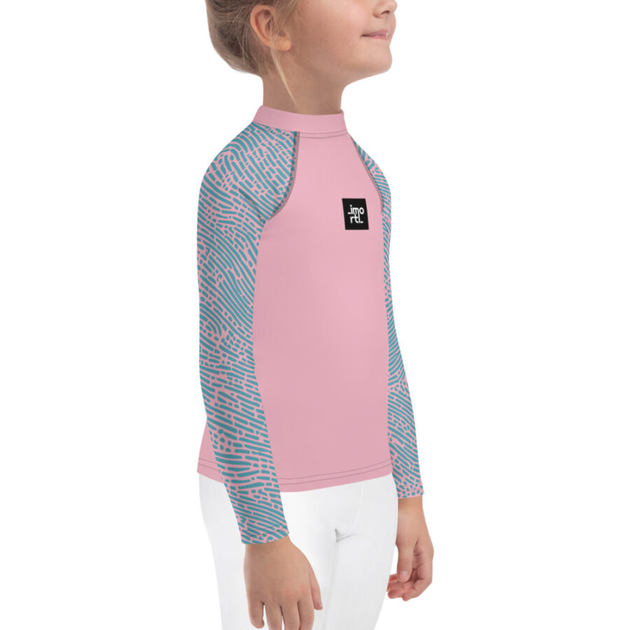 kids rash guard pink with turquoise fingerprint pattern sleeves right