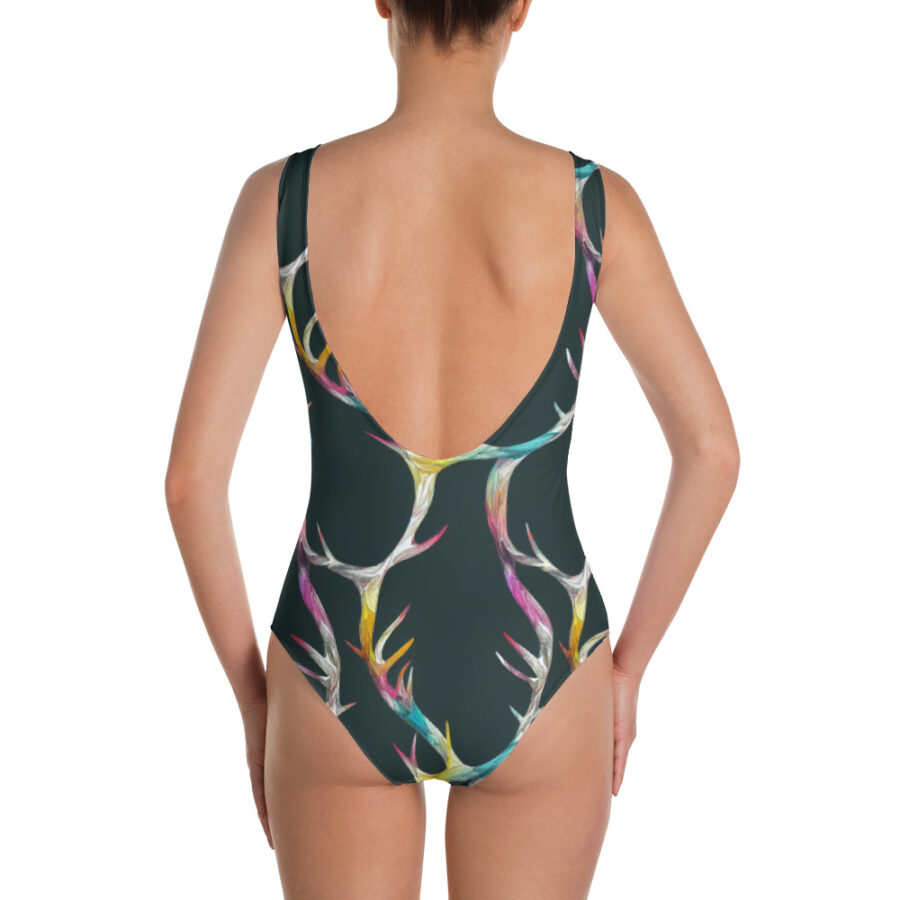 one piece swimsuit dark navy with colourful antler pattern back