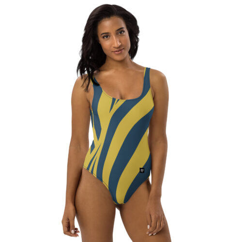 one piece swimsuit dark navy and yellow abstract lines  front