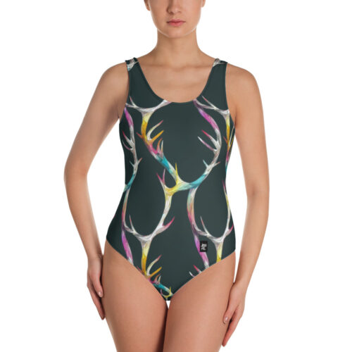one piece swimsuit dark navy with colourful antler pattern front