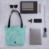 tote bag mint green with turquoise fingerprint pattern mockup 2