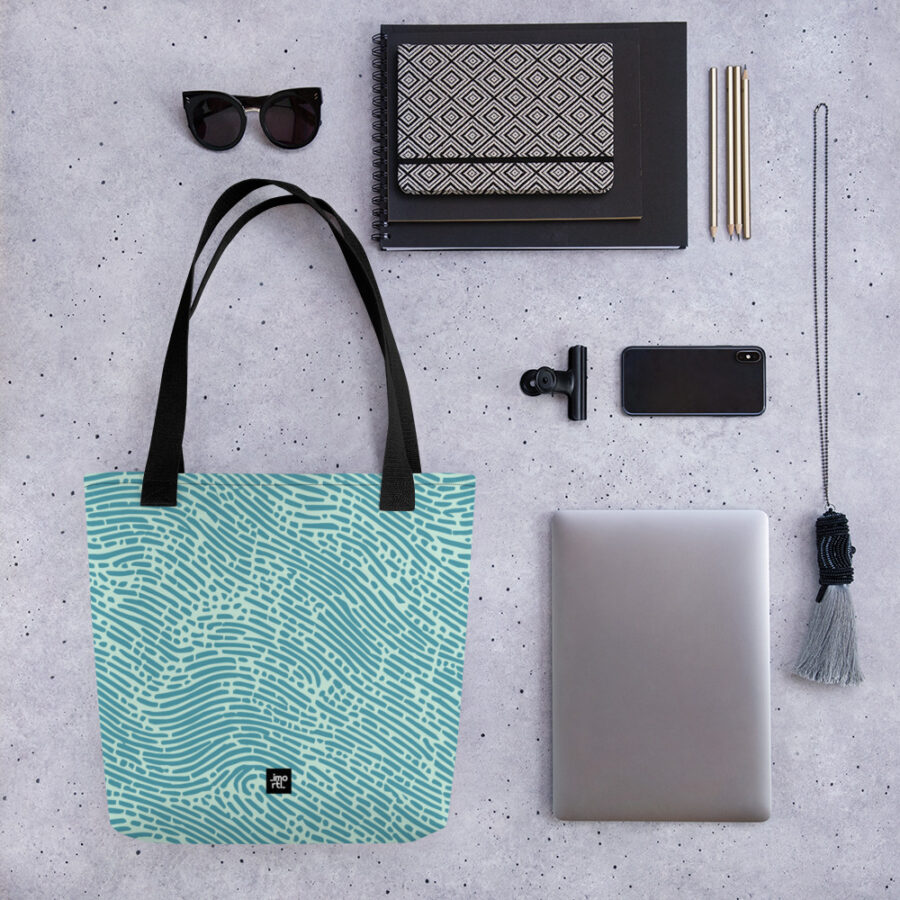 tote bag mint green with turquoise fingerprint pattern mockup 2