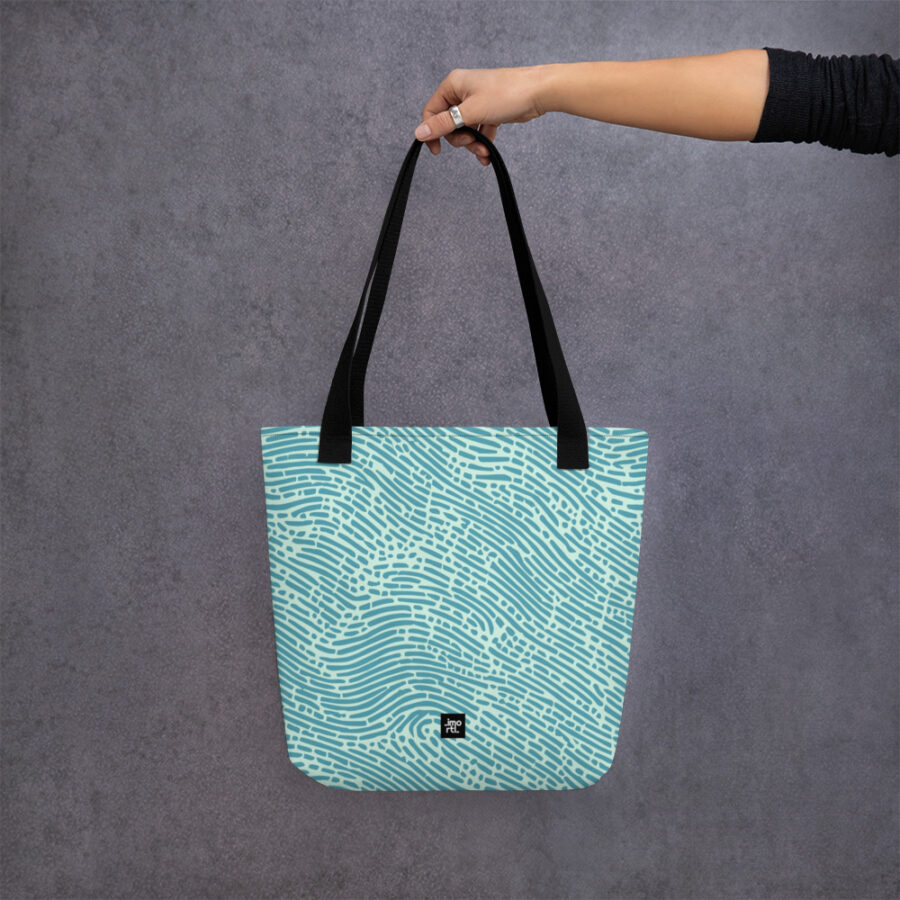 tote bag mint green with turquoise fingerprint pattern mockup