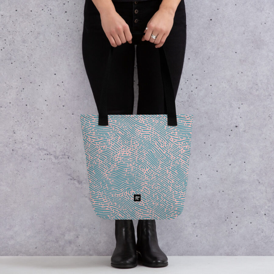 tote bag soft pink with turquoise fingerprint pattern mockup 1