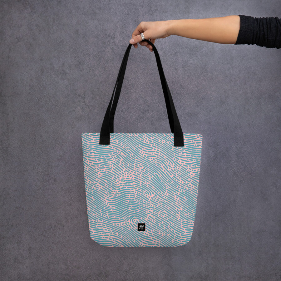 tote bag soft pink with turquoise fingerprint pattern mockup