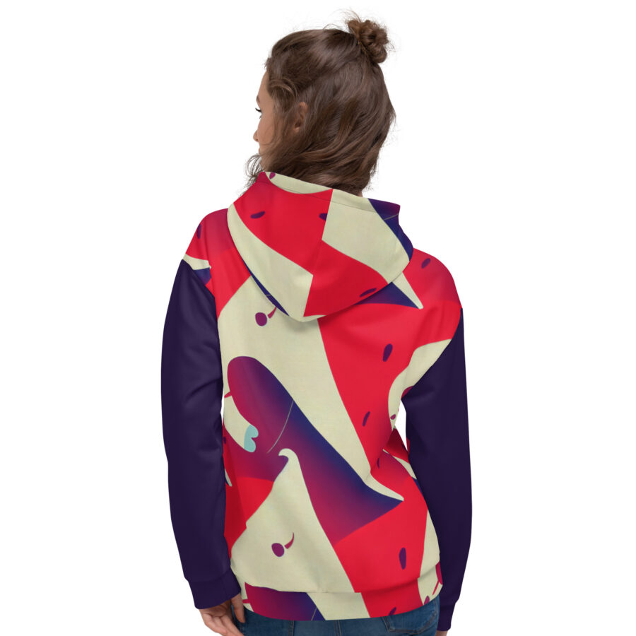 abstract red and navy blue unisex hoodie white back