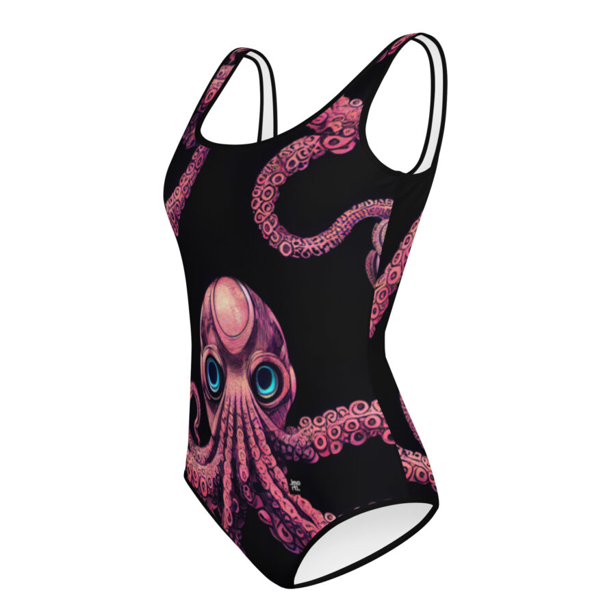 youth swimsuit black and pink cyberpunk octopus pattern left