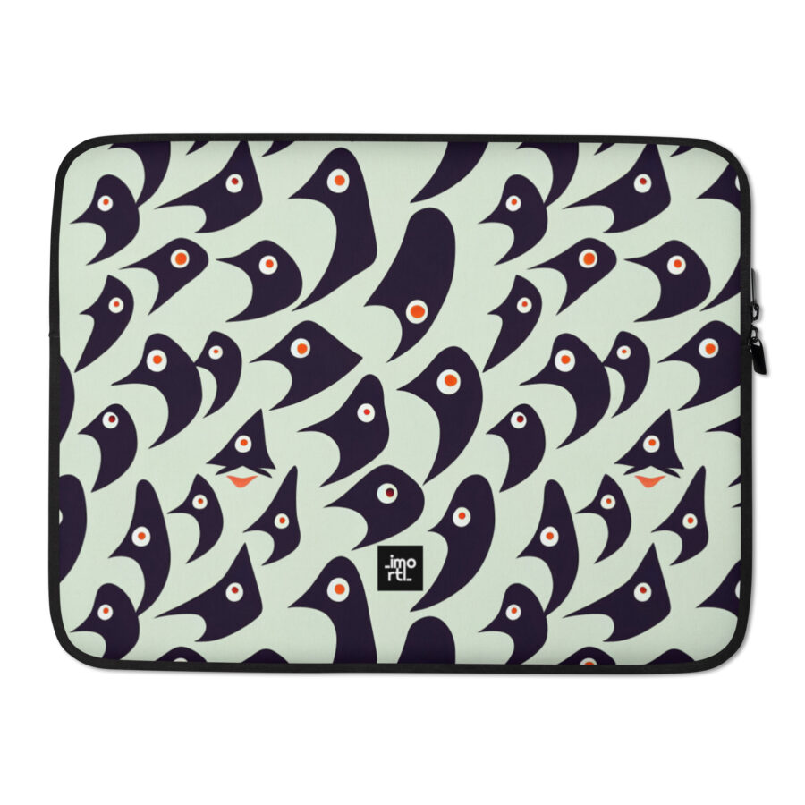 pale mint green and black birds laptop sleeve 15 front