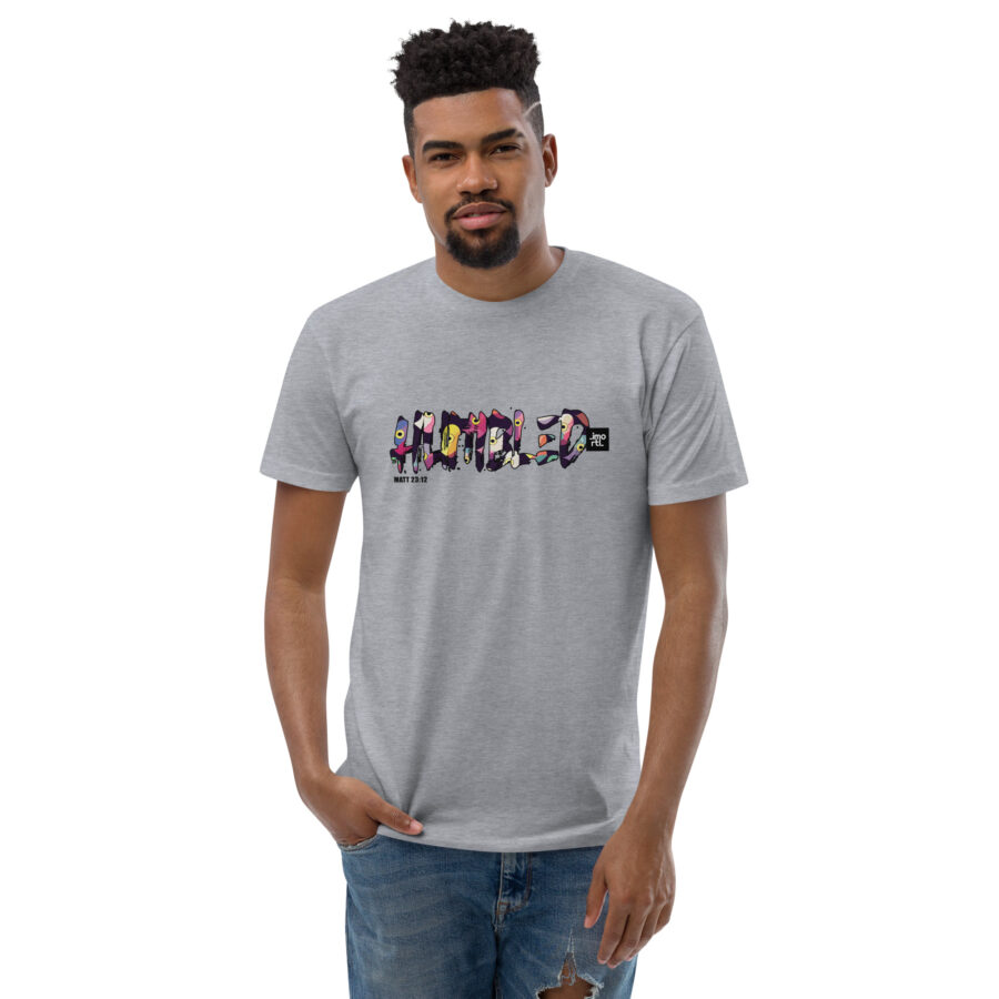 Christian colourful HUMBLED mens fitted t shirt heather grey front