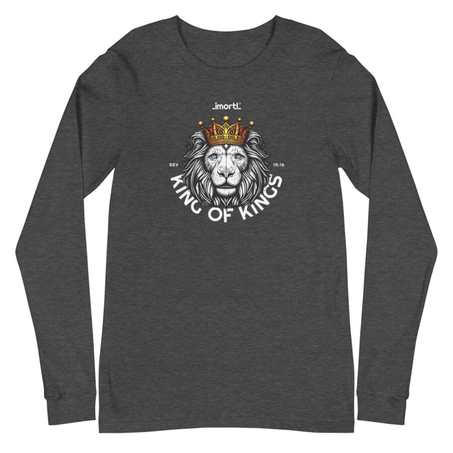 Christian king of kings unisex long sleeve t-shirt dark grey heather front