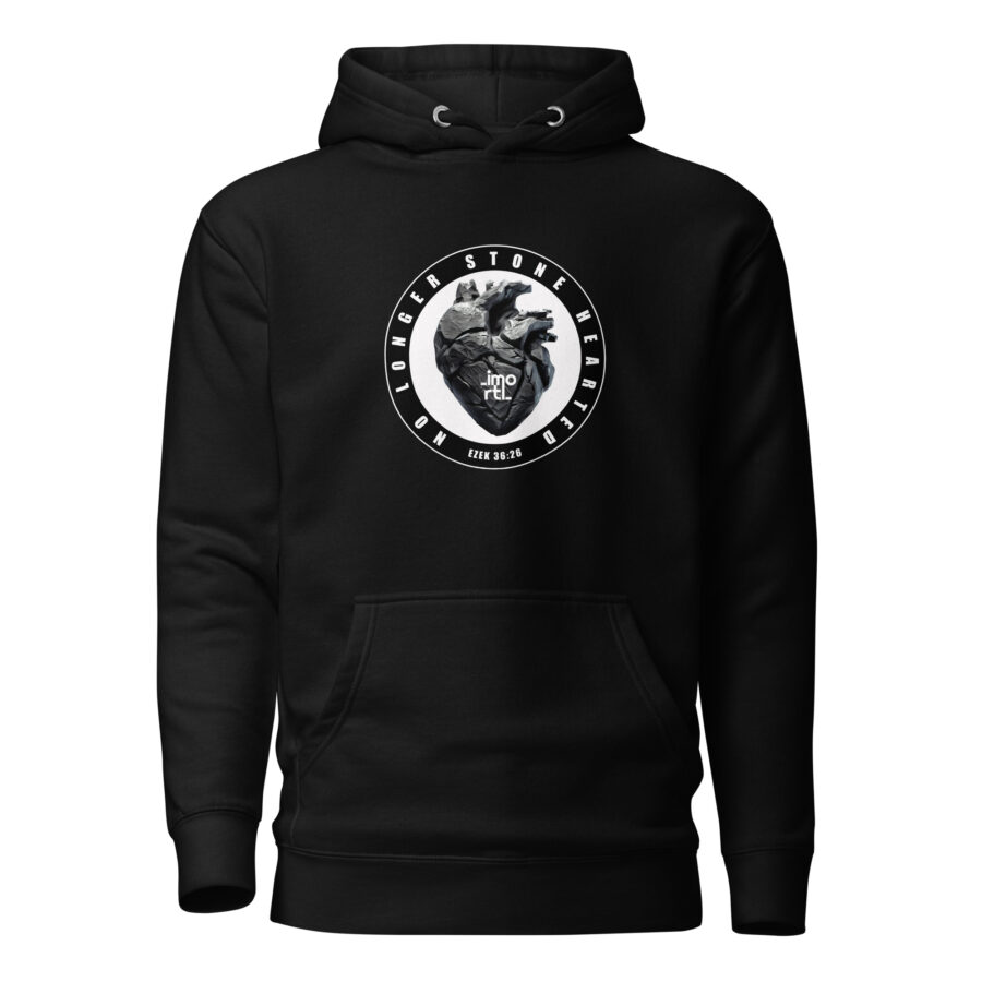 unisex premium christian hoodie stone hearted design black front