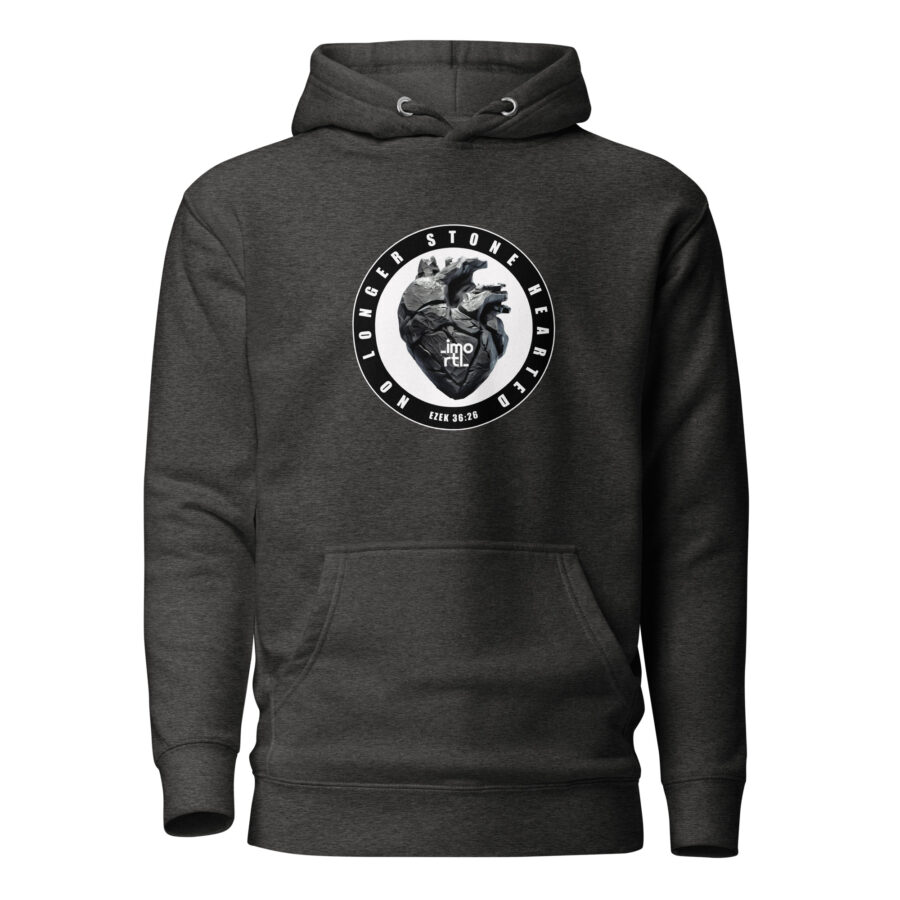 unisex premium christian hoodie stone hearted design charcoal heather front