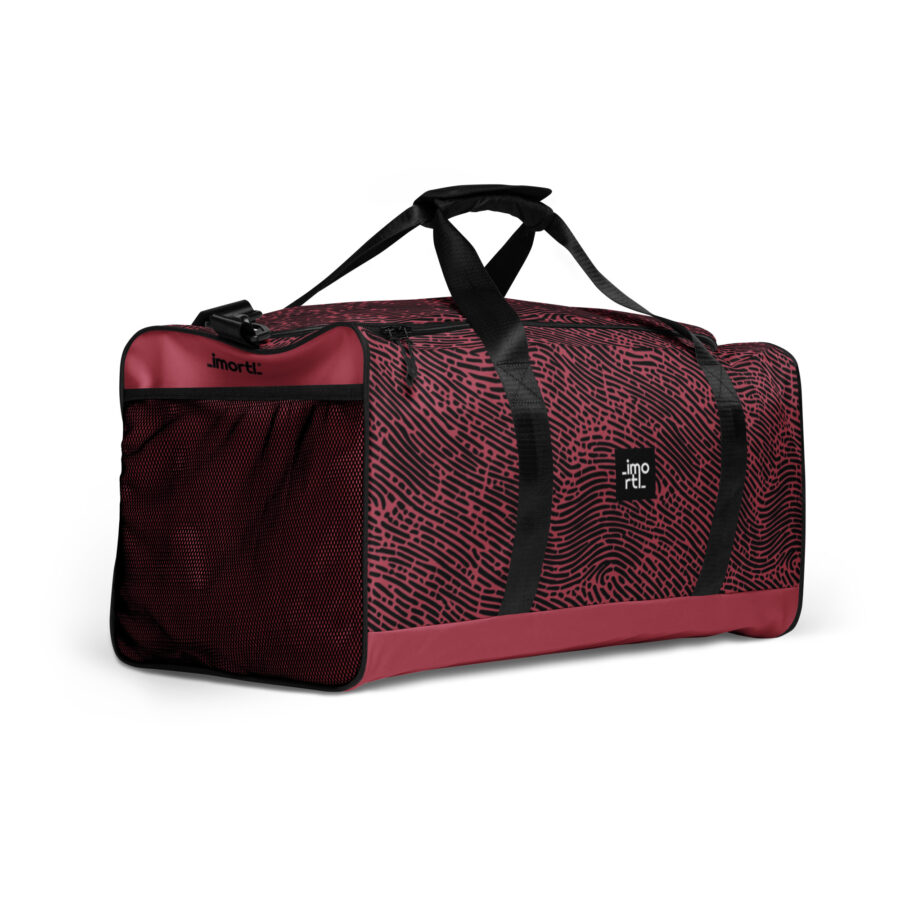 pink duffle bag berry and black fingerprint  right front