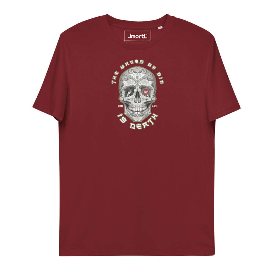 wages of sin christian t-shirt cotton unisex burgundy front