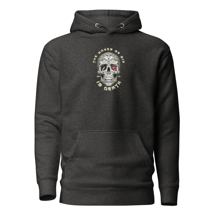 wages of sin christian premium hoodie charcoal heather front