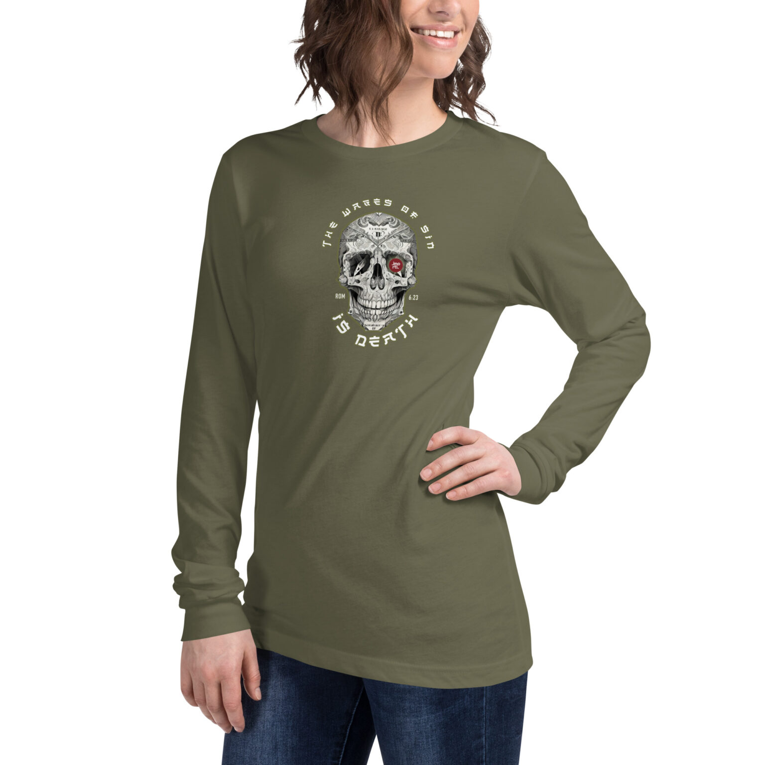 unisex long sleeve tee military green left front eefae