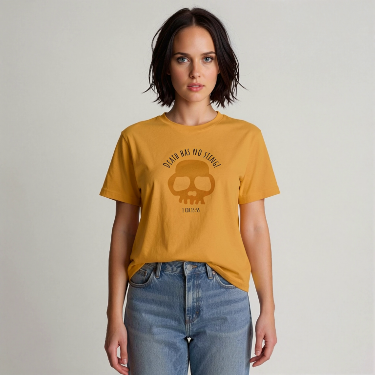 Model wearing Unisex Death has no sting Christian t-shirt - Mustard from IMORTL UK