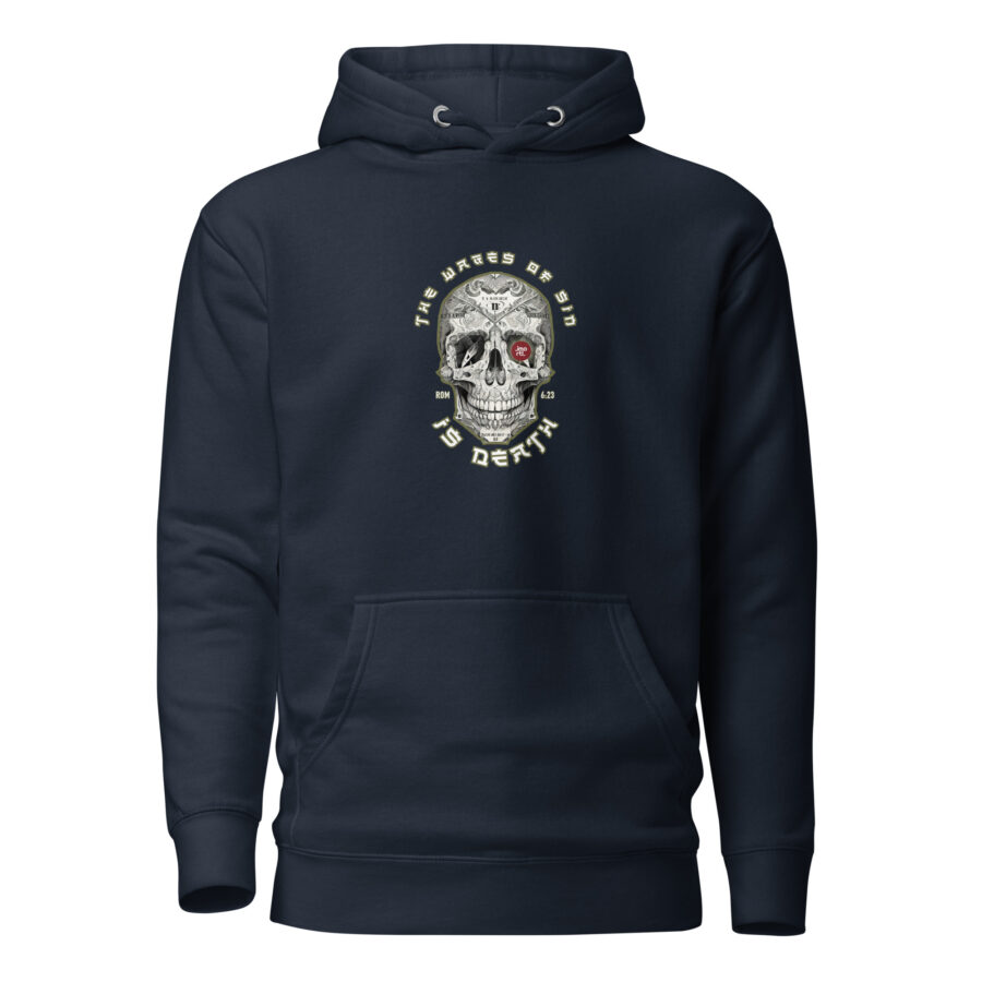 navy Christian hoodie wages of sin is death design