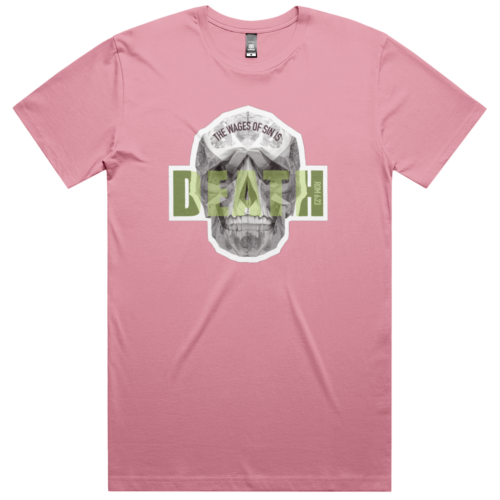 Front view of the Provocative Rom 6:23 Christian T-Shirt in dusty rose pink featuring the geometric skull design with 'THE WAGES OF SIN IS' above and 'ROM 6:23' vertically from IMORTL UK