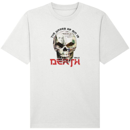 provocative christian t-shirt with wages of sin motif in white